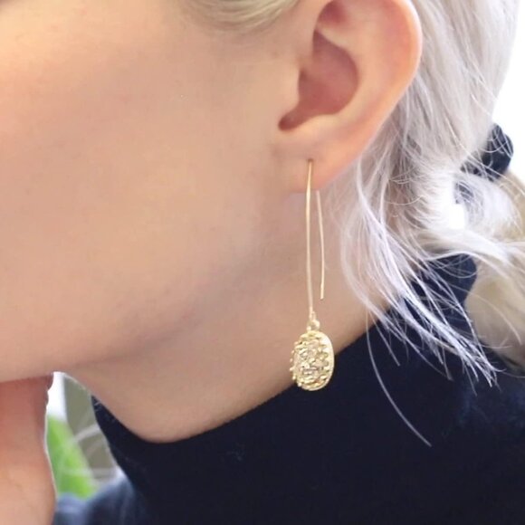 Women's Simulated Druzy Dangly Threader Earrings Gold Long Simple Boho Hoop - Picture 9 of 9